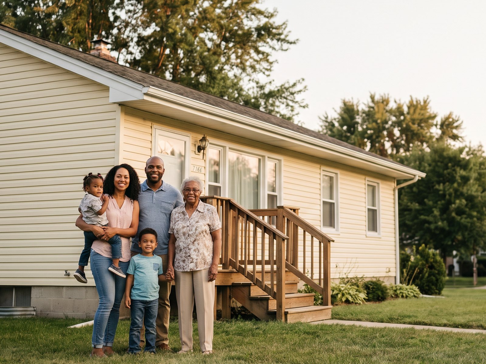 A multigenerational family standing together in front of the home they own